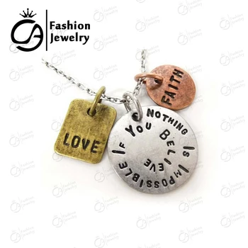 

Tri-Tone Love,Faith,Nothing is impossible if you believe Inspirational Pendant Necklace Gift 20Pcs/lot #LN1074