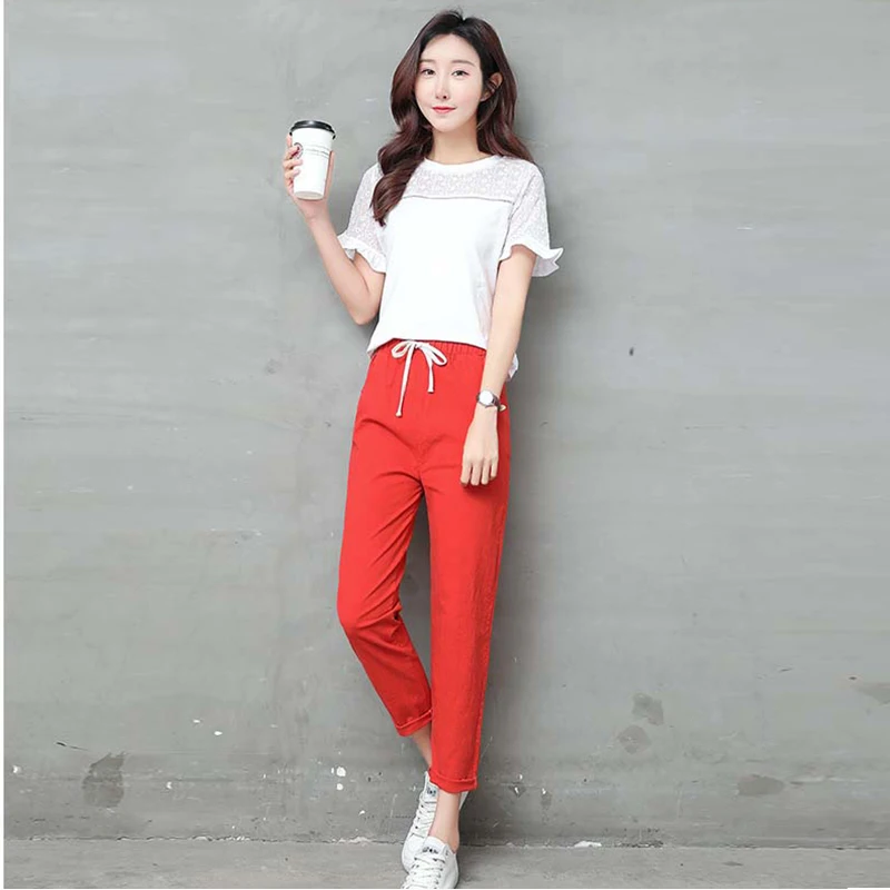 

2019 Summer Autumn Women Casual Harajuku Long Ankle Length Trousers Plus Size Solid Elastic Waist Cotton Linen Pants Black Pant