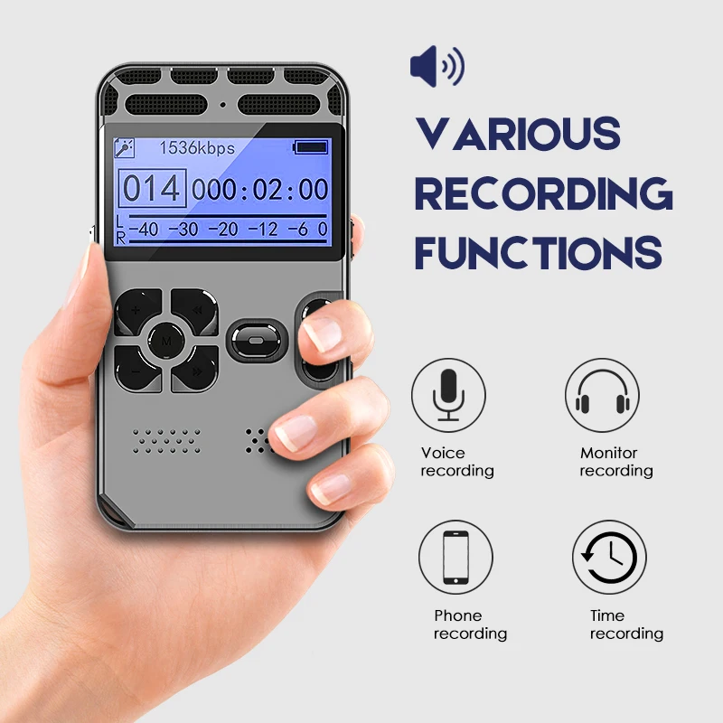 Support 64G Expansion Professional Hidden Voice Recorder Dictaphone Registrar MP3 HIFI Stereo 1536KPS WAV Recording Device Gray