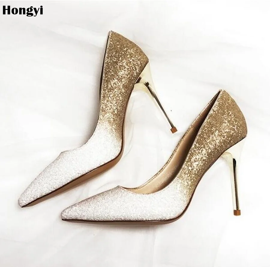 

2018 autumn spring Women High Heel Rose Gold Silver Slip On Shiny designer Dress Shoes Women golden Bling Shoes woman 8cm heels