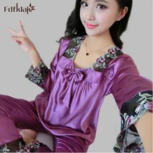 Женские шелковые пижамы комплекты сезон: весна–лето женский кружева вышитые атласные пижамы для сна Loungewear Новая Осенняя Пижама