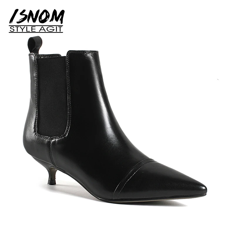 

ISNOM Autumn Sexy Thin Heels Women Boots Cow Leather Bootie Pointed Toe Female Shoes Winter Warm Short Plush 2018 New Footwear