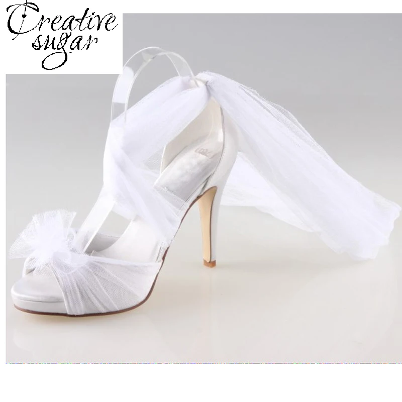 

Creativesugar Handmade white fairy tale bridal long tulle soft gauze leg wrap pumps wedding party homecoming quinceanera shoes
