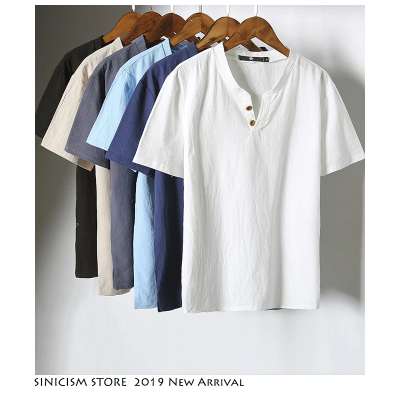 

Sinicism Store 5XL Men Cotton Linen T-shirt Man 2019 Summer Casual T-shirts Men T Shirts Male V-Neck Short Sleeve Tees