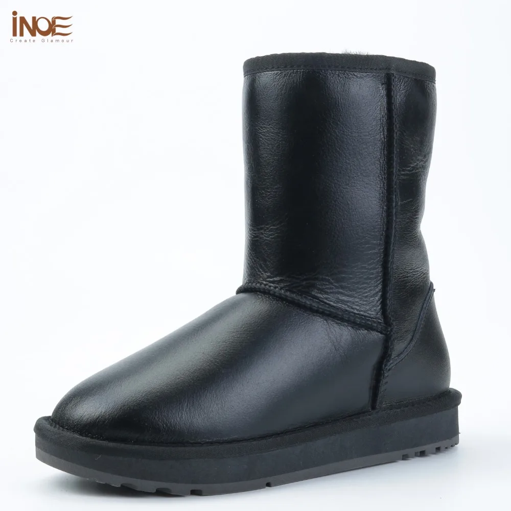Comprar INOE Classic piel de oveja forrado de piel y lana botas de invierno a media pantorrilla para mujer botas de nieve básicas zapatos impermeables negro gris