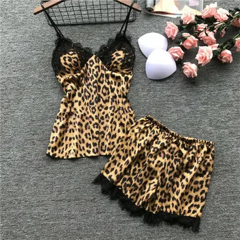 

2019 New Women's Sexy Leopard Print Strap Pajamas Set V-neck Slim Lace Stitching Sexy Backless Pajamas Set Sizes S-XL