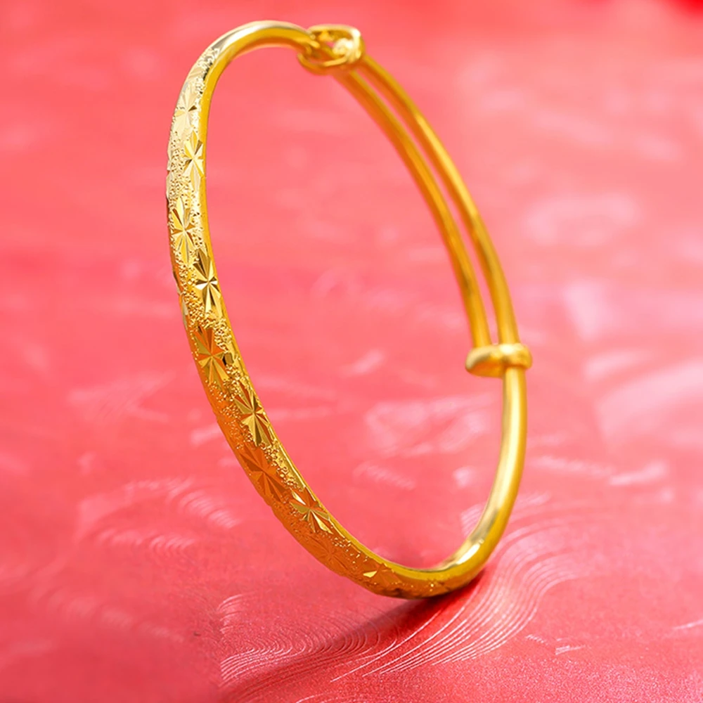 

Womens Bangle Adjustable Bracelet Diameter 60mm Gold Filled Classic Female Star Carved Bangle Wedding Jewelry 4mm Wide