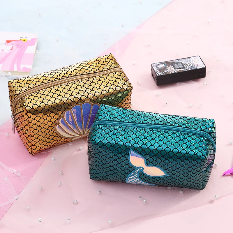 

Women Laser Mermaid Cosmetic Cases Shell Make Up Bag Makeup Brushes Bag Embroidery Plaid Large Storage Toiletry Organizer Pouch