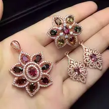 Натуральные разноцветные турмалины драгоценный камень комплект ювелирного изделия с натуральным камнем драгоценный камень кольцо кулон 925 серебро Стильный элегантный цветок женщин ювелирные изделия