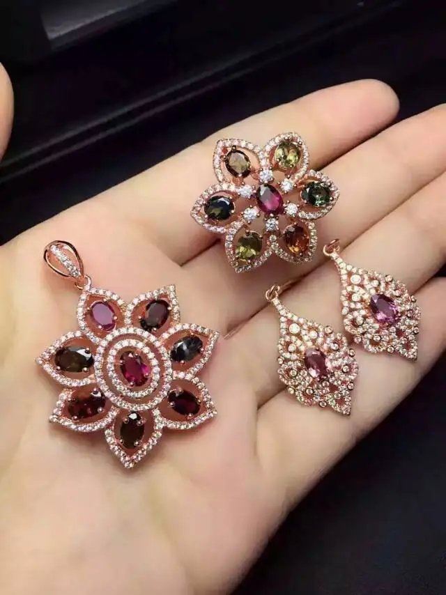 

Natural multicolor tourmaline gem jewelry sets natural gemstone ring Pendant 925 silver Stylish Elegant Flower women jewelry