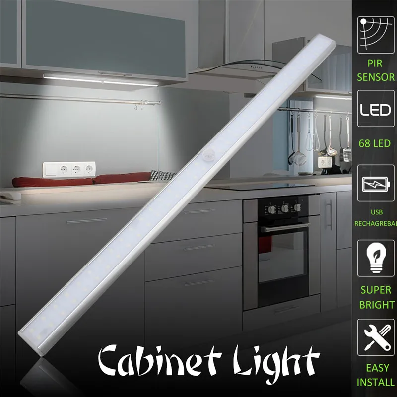 

CLAITE Wireless 68 LED Bar Light PIR Motion Sensor Under Cabinet Light USB Rechargeable Magnetic Night Light for Closet Wardrobe