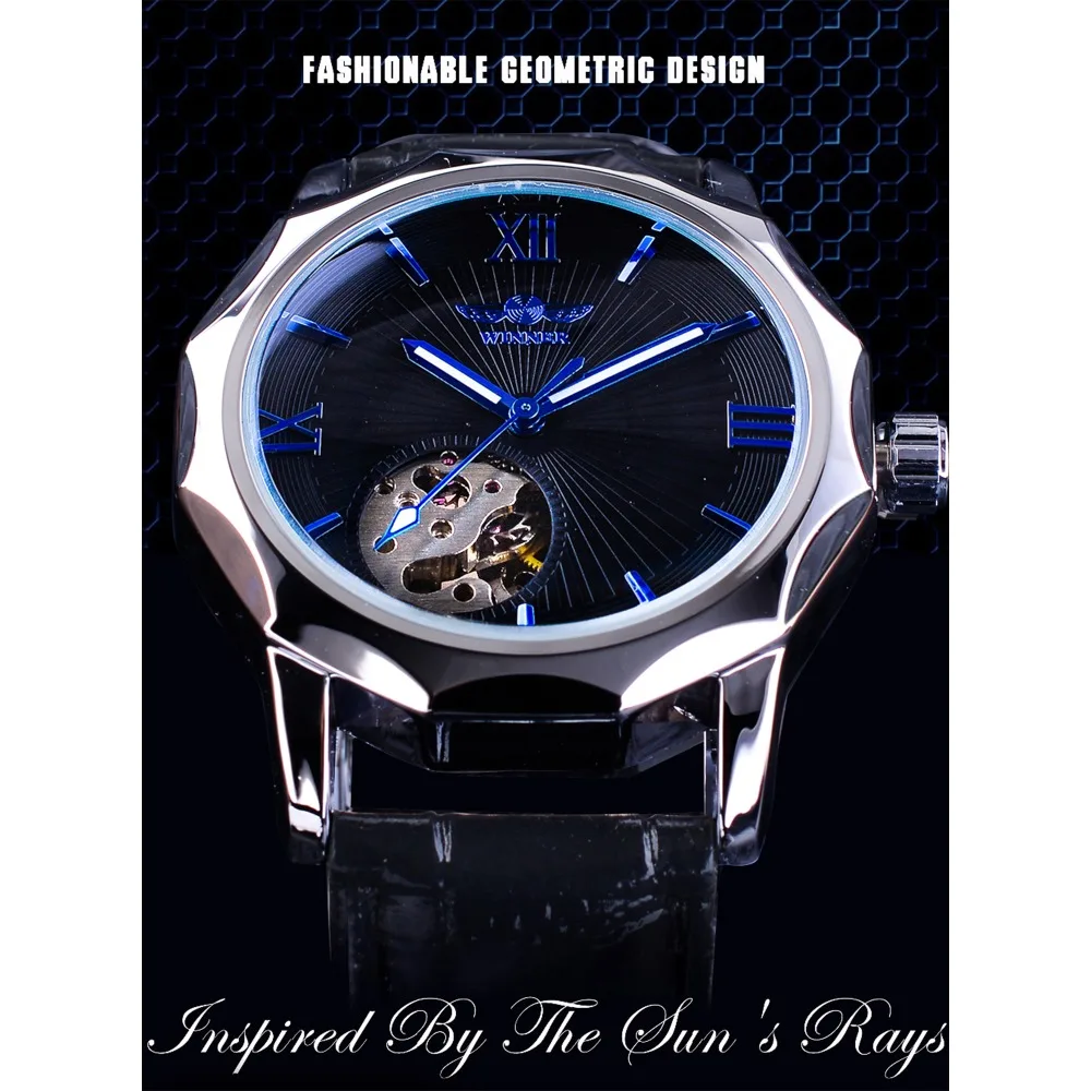 Winner Blue Ocean Geometry Design Transparent Skeleton Dial Mens Watch Top Brand Luxury Automatic Fashion Mechanical Watch Clock - Image 2