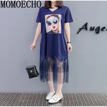 

MOMOECHO XL-4XL Plus Size Women Mesh Dress Summer 2018 Girl Print Short Sleeve T shirt Patchwork Mesh Midi Long Dresses WY1375