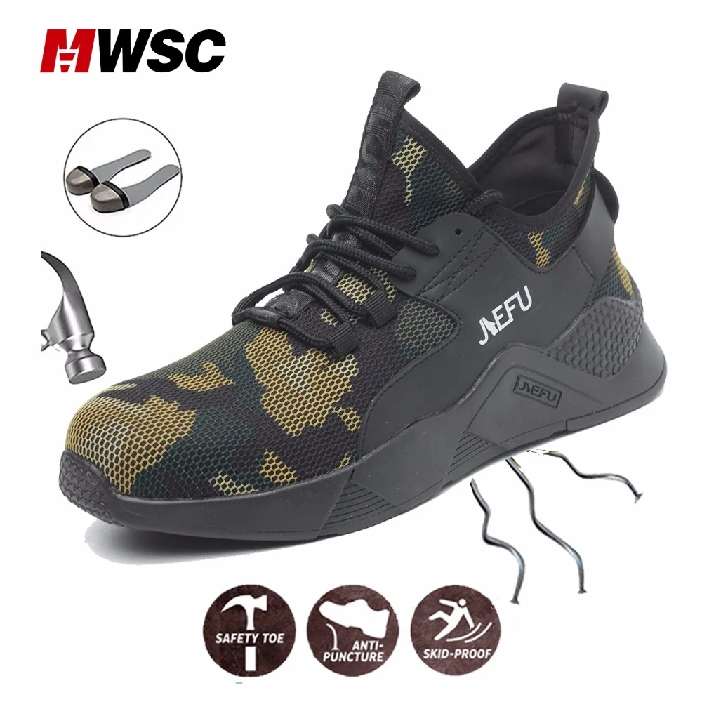 

MWSC Man Safety Shoes Summer Cammouflage Work Shoes for Man Lightweight Breathable anti-smashing piercing Steel Toe Cap Sneaker