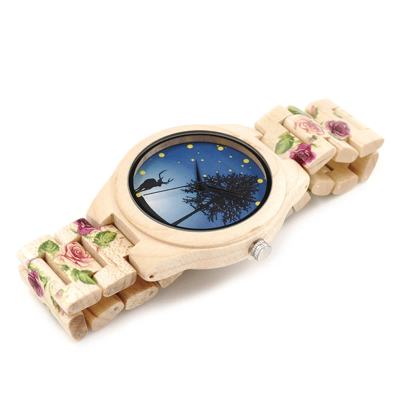 BOBO BIRD Wood Watch With UV Printing Flower Wooden Band Mens Women's Quartz Watches Japanese Miyota 2035 Movement Wristwatches