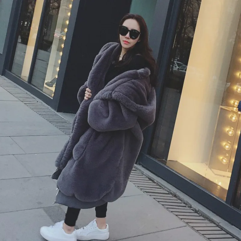 New Winter Warm Hooded Large Size Medium Length Solid Color Fur & Faux Fur Women 2018 New Casual Long Sleeve Women Fur Coat