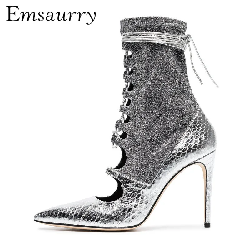 

Silver Serpentine Ankle Boots Women Stiletto Heel Point Toe Cross Tied Shallow Cut-out Sock Booties For Women