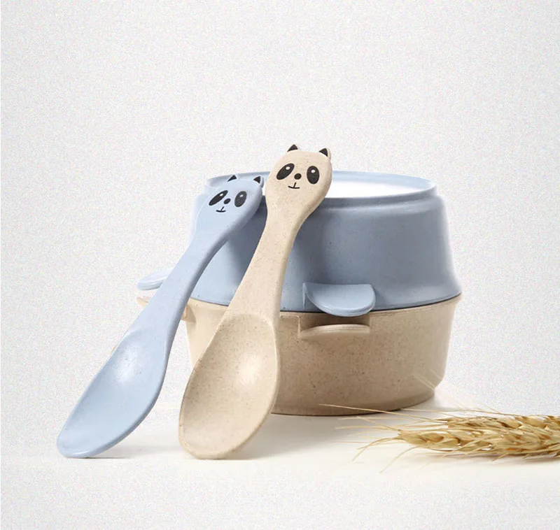 2 PcsSet Baby Feeding Food Tableware Panda Wheat Kid Dishes Eco-Friendly Children Training Dinnerware Plate Bowl Spoon BB5088 (13)