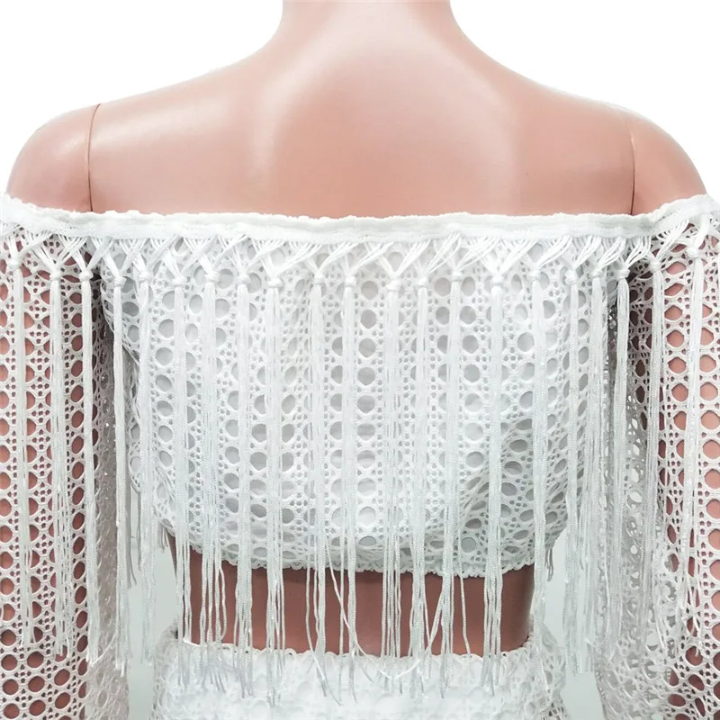 Adogirl/ажурный вязаный комплект из двух предметов с кисточками; летнее пляжное платье с открытыми плечами; короткий топ с рукавами-фонариками+ юбка макси