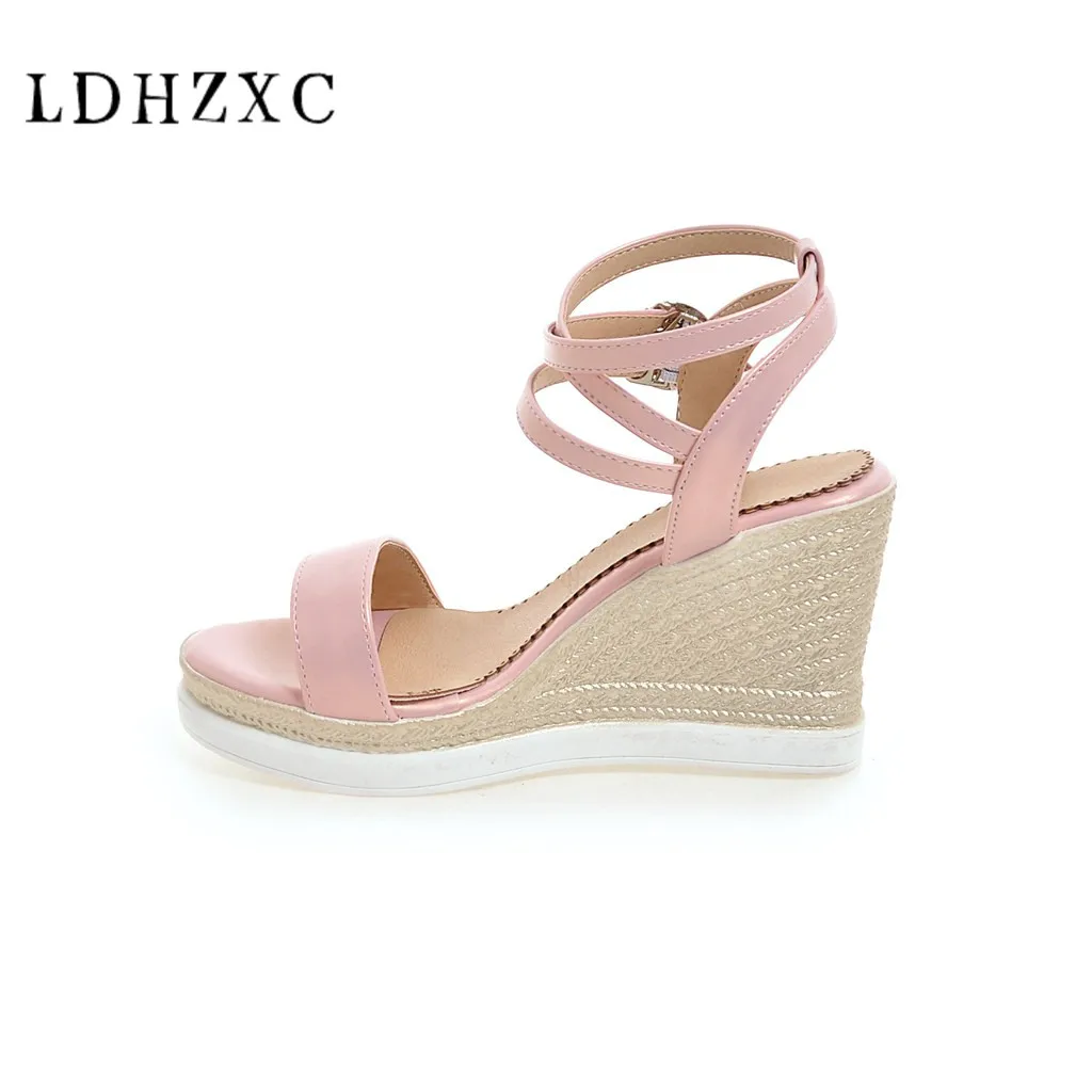 

LDHZXC 2019 High Heels Women Sandals Open Toe Wedges Printing Platform Footwear New Ankle Strap Fashion Ladies Shoes