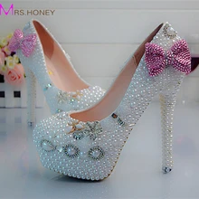 Luxuriöses Brautkleid Schuhe Perle Bowtie Handgefertigte High Heels Nachtclub Prom Party Pumpen Weiße Perle Brautjungfer Schuhe