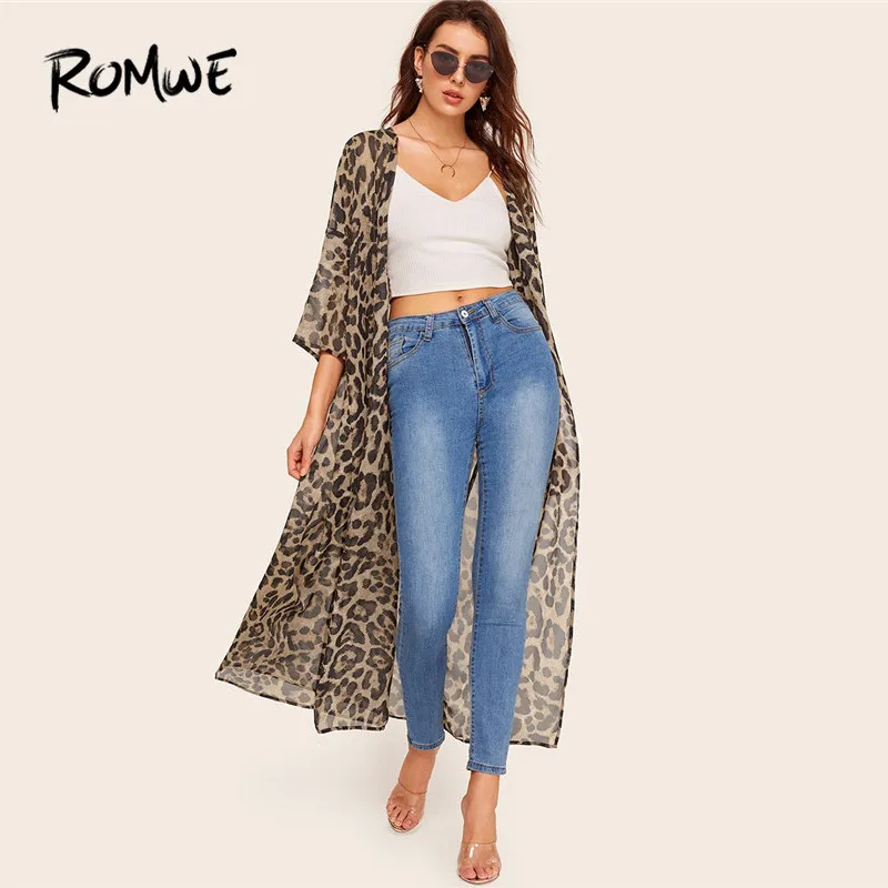 

ROMWE Women Drop Shoulder Three Quarter Length Sleeve Long Leopard Kimono 2019 Summer High Street Thin Polyester Kimonos