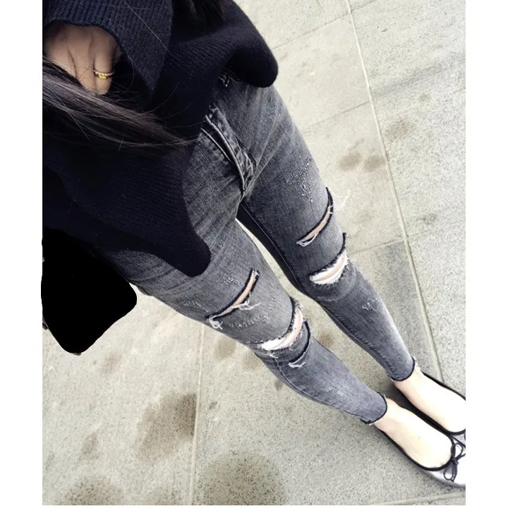 Fashion High Waist Smoke Gray Hole Jeans Women Elastic Skinny Jeans Denim Pants Pencil Pants Plus Size Pencil Trousers