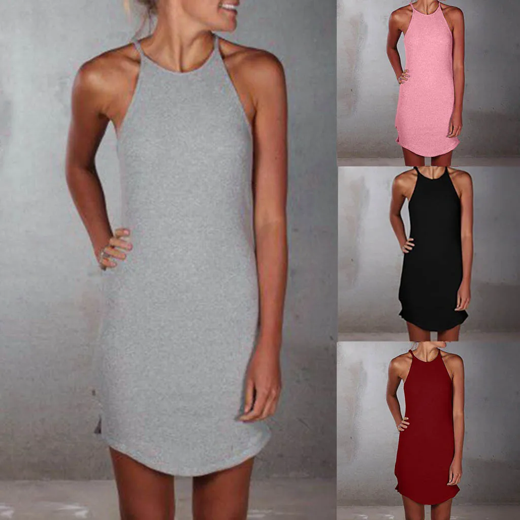 

Summer dress 2019 Women's Above Knee Dress Casual Ladies Solid Color O-Neck Sleeveless Mini Dress Camisole Summer Dress robe #C