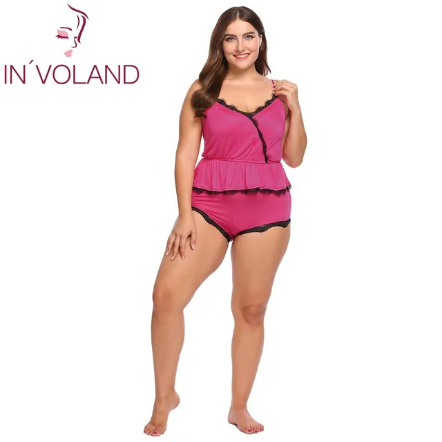 IN’VOLAND Full Size Women Sleepwear Pajama Set L-4XL Lounge Lace Trim Ruffles Hem Patchwork Large Cami Shorts Nightwear Big Size