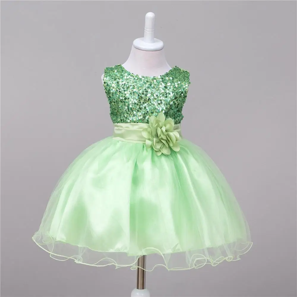 Платье без рукавов для маленьких девочек возрастом от 0 до 2 лет платья в стиле Лолиты с круглым вырезом для девочек, однотонные платья с блестками и поясом в цветочек для маленьких девочек - Цвет: Blue Green