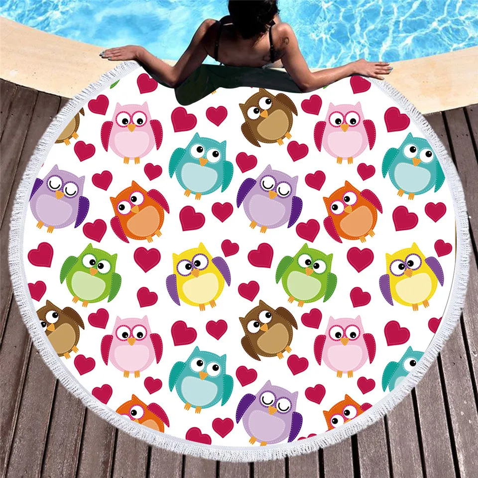 

Cartoon Kids Large Round Beach Towel Microfiber Owls Bathroom Towel Heart Girls Yoga Mat Colorful Tapestry 150cm
