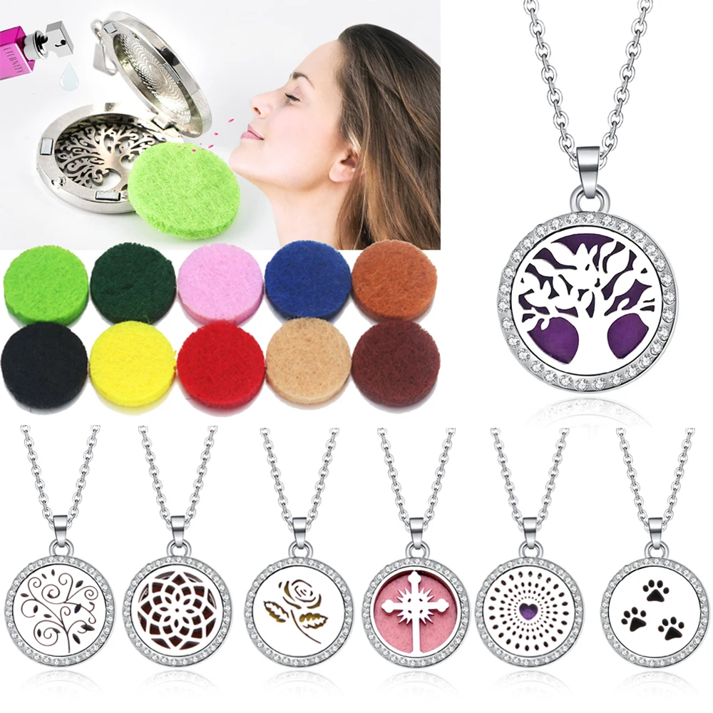 

Mixed style Aromatherapy necklace tree of Life locket Essential Oils Aroma Diffuser rhinestones locket Perfume Pendant Necklace