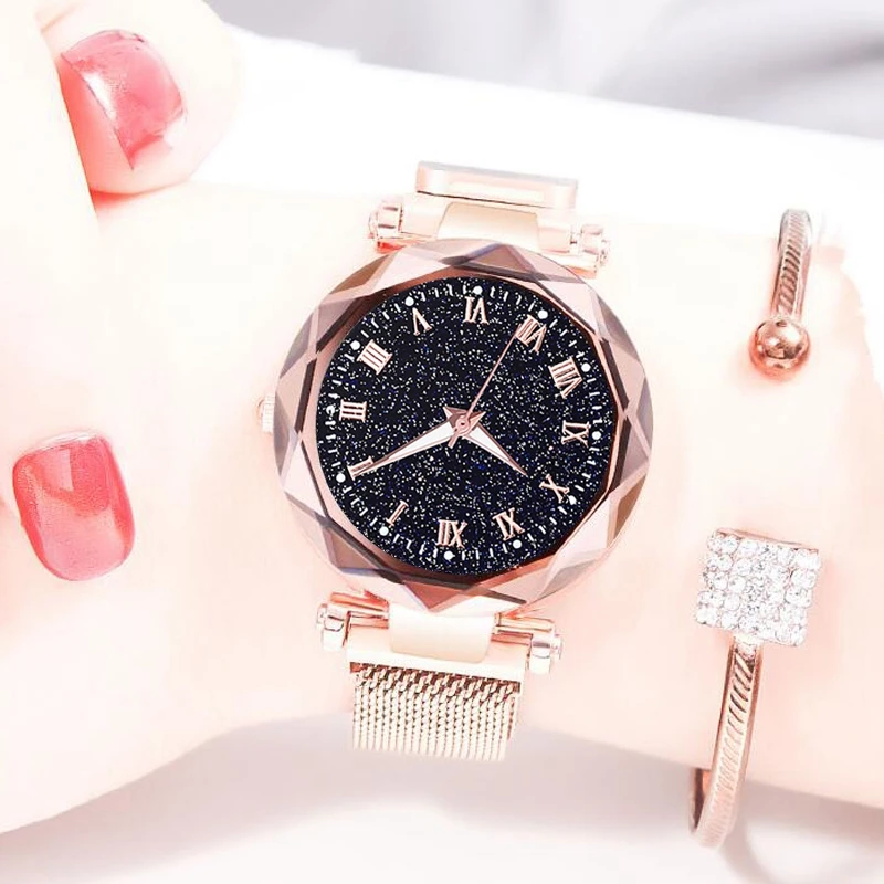 

Women's Luxury Starry Sky Wristwatches Magnetic Magnet Buckle Quartz Clock Geometric Surface Female Luminous Bracelet Watches
