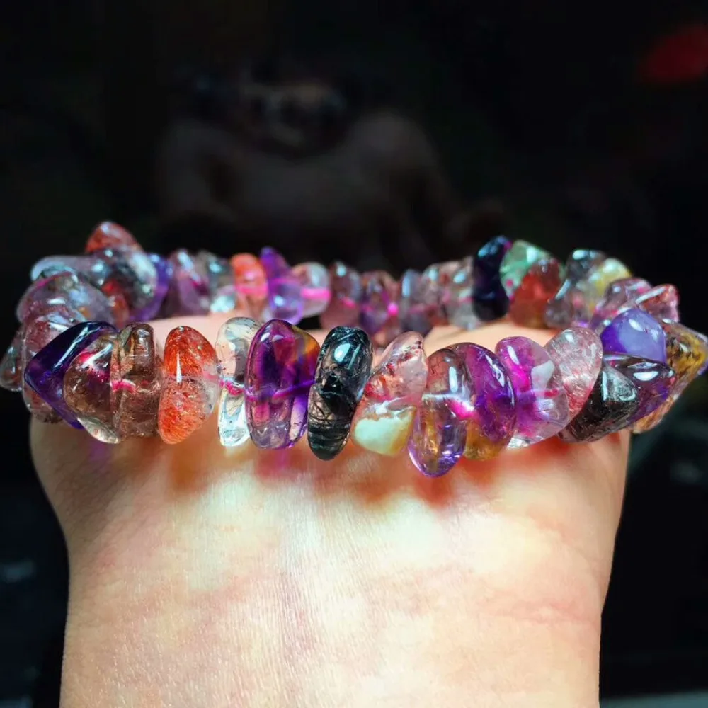 

Natural Purple Rutilated Super Seven 7 Lepidocrocite Quartz Beads Bracelet Stretch Crystal Healing Stone AAAAA