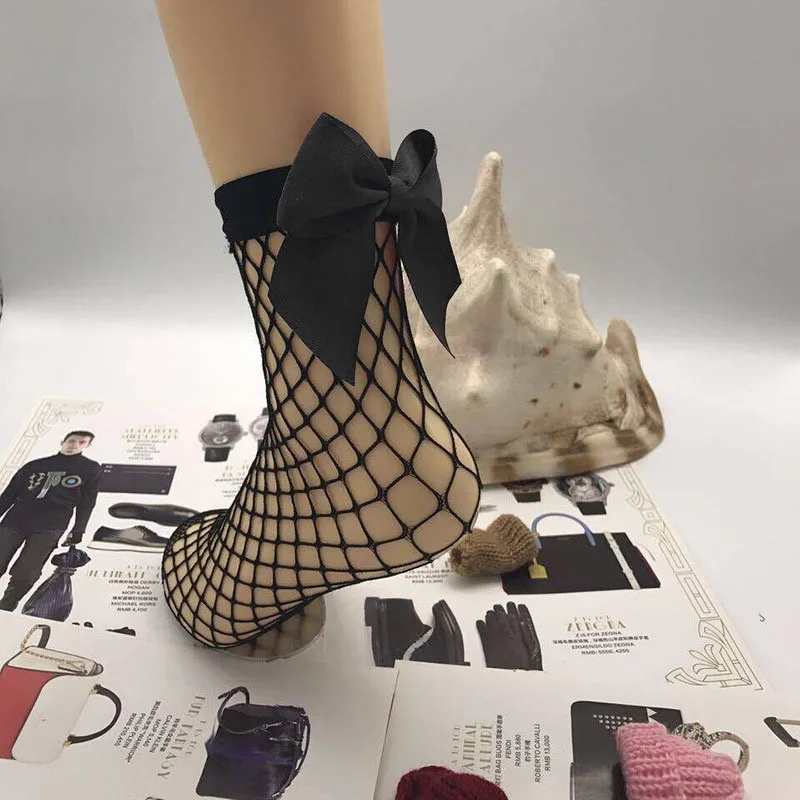 2 Pairs Chic Women's Harajuku Breathable White Bow knot Fishnet Socks.Sexy Hollow out Mesh Nets Socks Ladies Girl's Lolita Style Bow Sox0