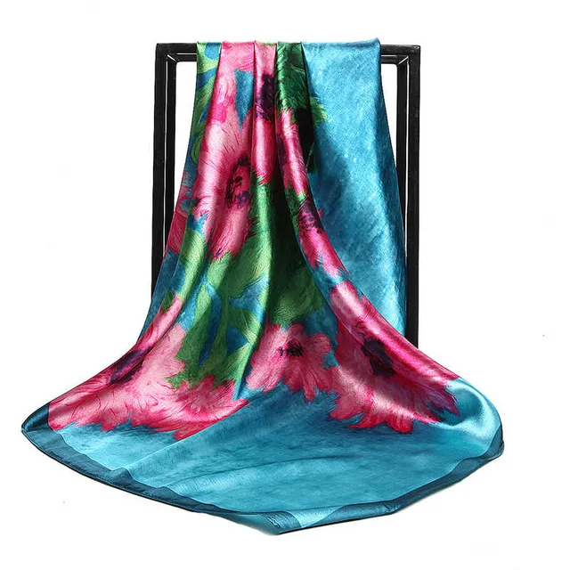 Весенне-летний цветной шелковый шарф с масляным цветочным принтом, Женский Большой сатиновый хиджаб, шарфы, платок, шаль, обертывания 90x90 см - Цвет: Светло-голубой