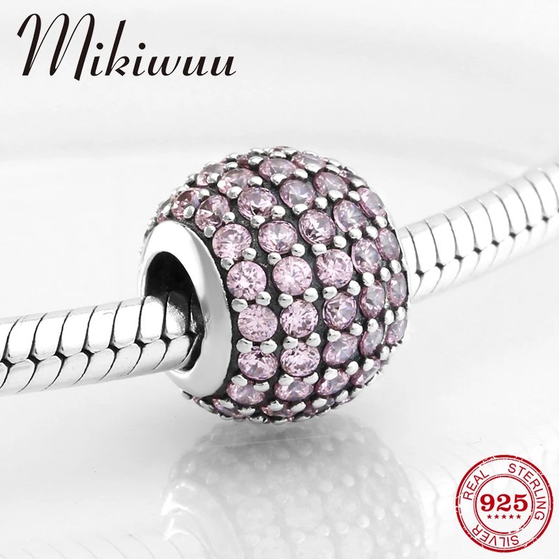 

925 Sterling Silver charms Round shape sparkling pink crystal CZ fine Bead Jewelry making Fit Original Pandora Charm Bracelet