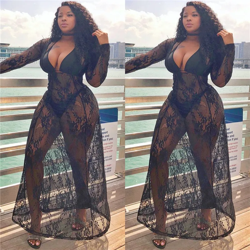 

Black Sheer Floral Lace Maxi Dress High Waist Women Sexy See Through V-Neck Party Dress 2018 Ladies Summer Beach Long Dresses
