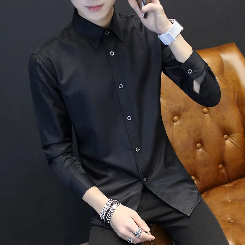 Мужская повседневная Однотонная рубашка с длинными рукавами, приталенная мужская деловая рубашка, брендовая мужская одежда, мягкая удобная