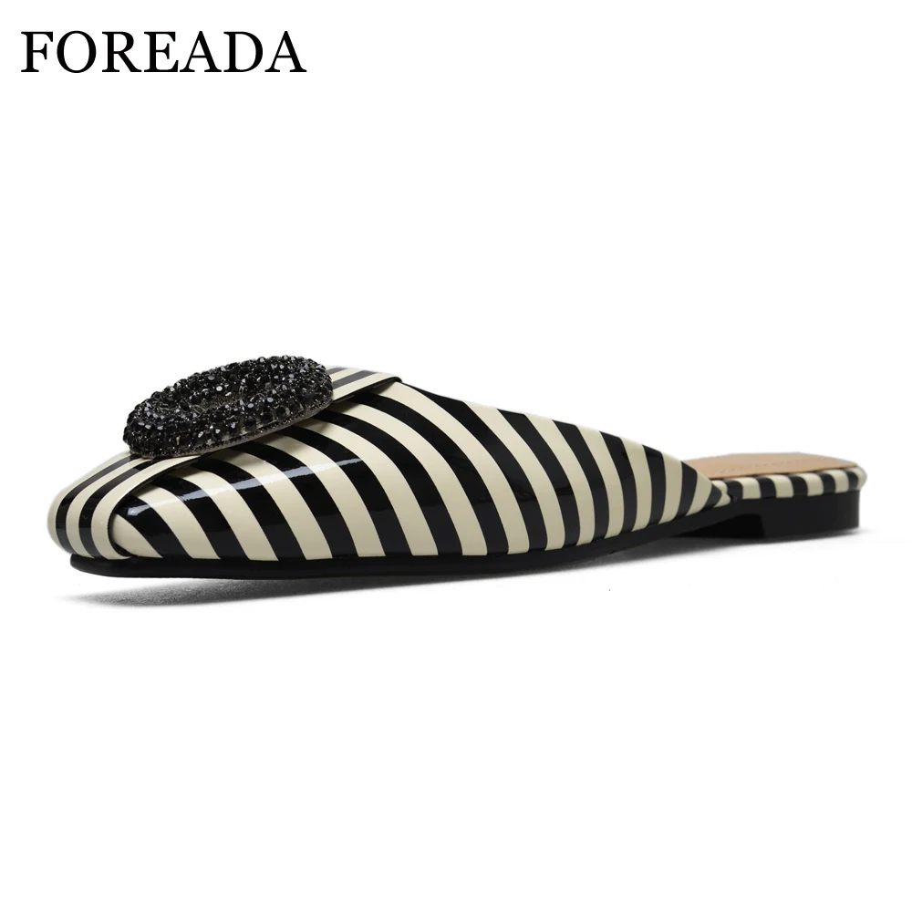 

FOREADA Summer Shoes Women Slippers Crystal Block Heel Mules Shoes Patent Leather Striped Square Toe Shoes Ladies Big Size 34-43