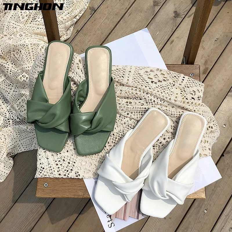 

TINGHON Vintage Square Toe Bowtie Flat Sandals Women Open Toe Solid Slipper Sandals Women Summer Beach Women Shoes