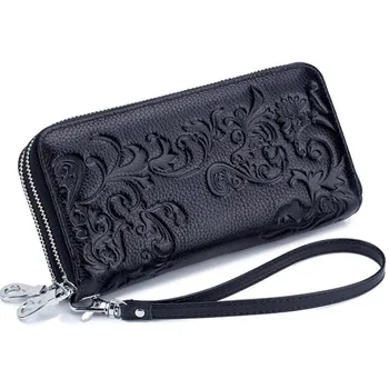 

Genuine Leather Floral Embossed Long Wallets For Women Double Zipper Clutch Bag High Capacity Card Holder Wallet Female Wristlet