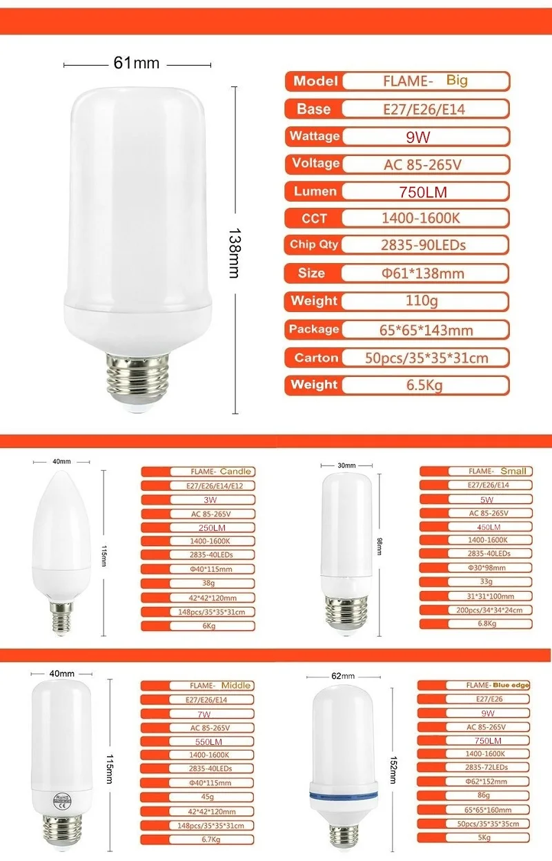 Полная модель E27, E26, B22, E14, E12, пламенная лампа, светильник в форме свечи, Мерцающая эмуляция, светодиодная лампа с эффектом пламени, свеча 3 Вт, 5 Вт, 7 Вт, 9 Вт