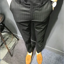 Деловой приталенный Повседневный Блейзер прямые модельные брюки формальный свадебный костюм брюки мужские черные полосатые Доступные модные костюмы брюки