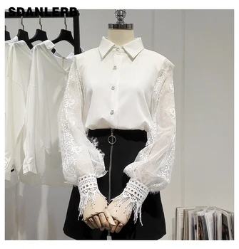 

2019 Spring Autumn Womans New Lace Mesh Splice Lantern Sleeves Chiffon Shirt Lady White Shirts Sweet Lapel Blouse Blusas Tops