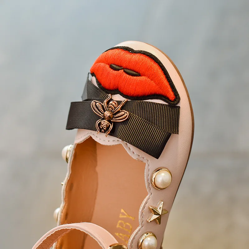 JOGLANE обувь принцессы г. Детская модная пикантная обувь для девочек с рисунком губ, детская повседневная кожаная обувь с рисунком пчелы черный/белый/розовый цвет, размеры 21-35