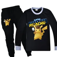 Комплект хлопковой одежды с покемонами для детей; детские пижамы; Одежда для маленьких девочек; спортивный костюм с изображением детектива Пикачу для мальчиков-подростков