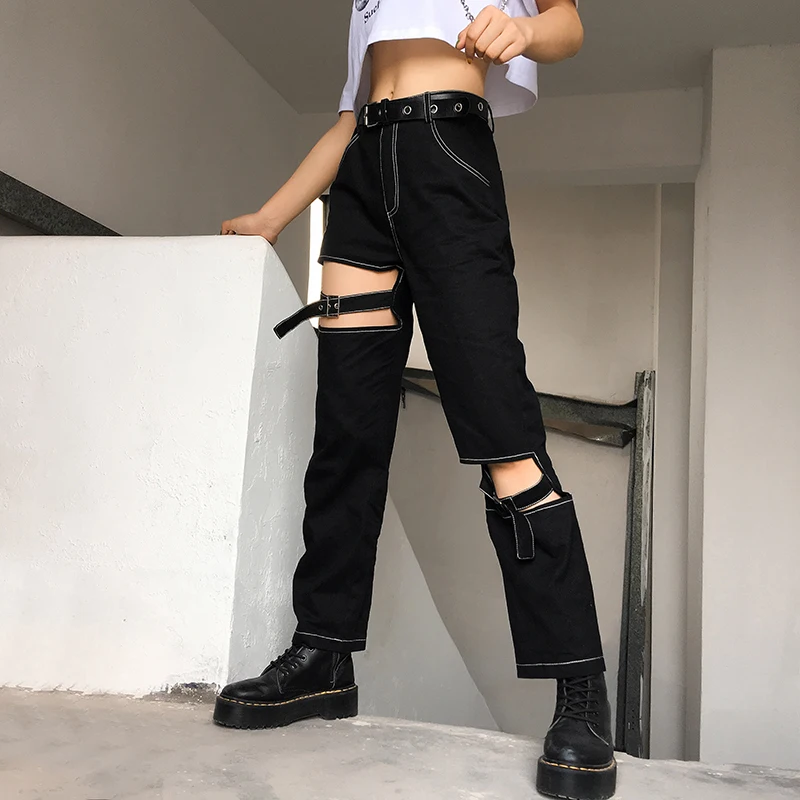 Sweetown Black Hollow Out Punk Style Straight Pants Women Streetwear Pockets Striped Summer Autumn High Waist Trousers Gothic