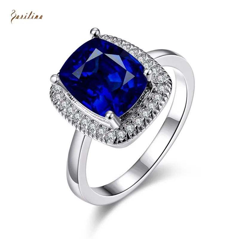 

High quality Wedding Rings for women Sapphire Platinum Plated Deep Blue Czech Drill jewelry size 7 8 R2047