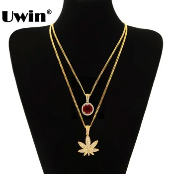 

Gold Color Small Weed Pot Leaf Pendant Necklace And Mini Round Rhinestone Chain Set With 24" Cuban Chain Hiphop Rapper Jewelry